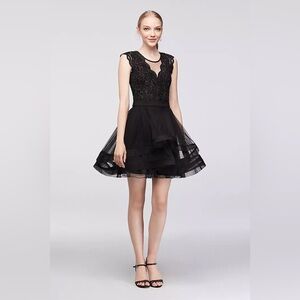 Elegant Glitter Lace Bodysuit & Mesh Tiered Skirt Cocktail or Prom Dress